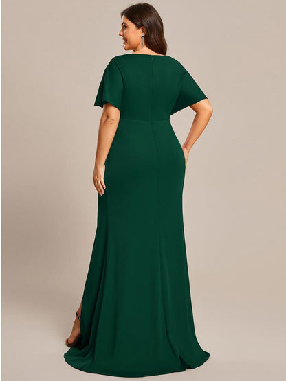ever LYN|Pleated High Slit Hollow Out Sequin Sleeve V-Neck Formal Evening Dress