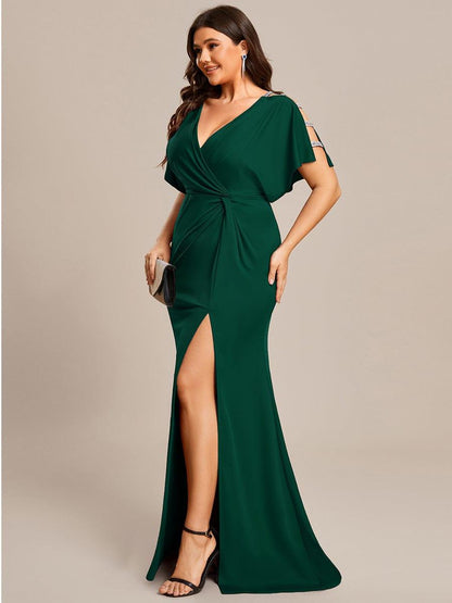 pretty LYN|Plus Size Sequin Sleeve High Slit Evening Dress with Pleated