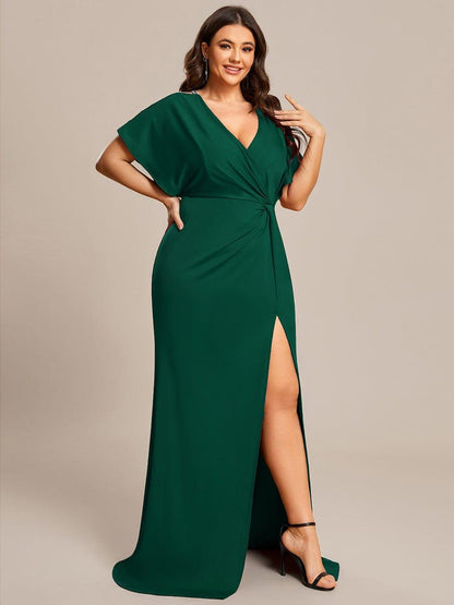 pretty LYN|Plus Size Sequin Sleeve High Slit Evening Dress with Pleated