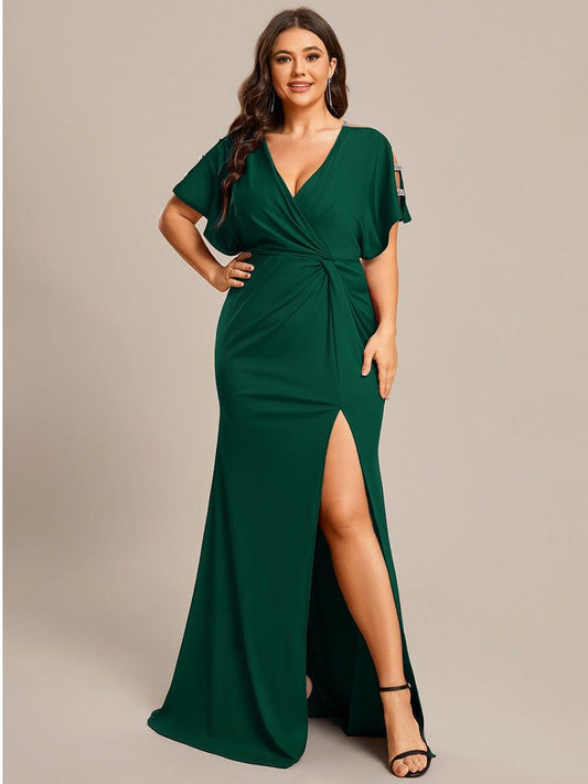 pretty LYN|Plus Size Sequin Sleeve High Slit Evening Dress with Pleated