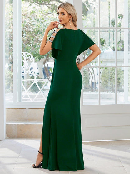 ever LYN|Pleated High Slit Hollow Out Sequin Sleeve V-Neck Formal Evening Dress