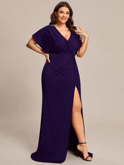 pretty LYN|Plus Size Sequin Sleeve High Slit Evening Dress with Pleated