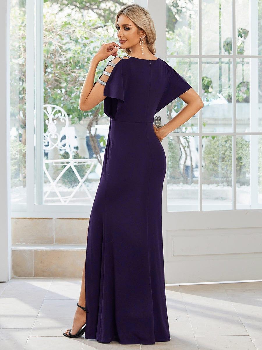 ever LYN|Pleated High Slit Hollow Out Sequin Sleeve V-Neck Formal Evening Dress