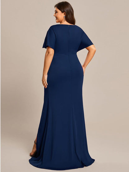 ever LYN|Pleated High Slit Hollow Out Sequin Sleeve V-Neck Formal Evening Dress