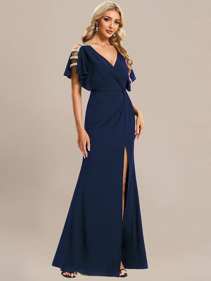 ever LYN|Pleated High Slit Hollow Out Sequin Sleeve V-Neck Formal Evening Dress