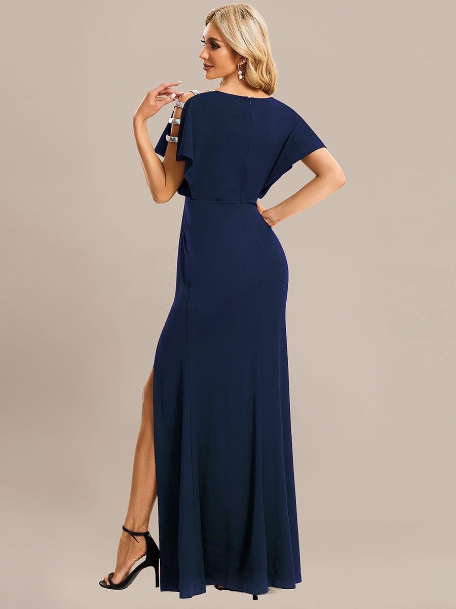 ever LYN|Pleated High Slit Hollow Out Sequin Sleeve V-Neck Formal Evening Dress