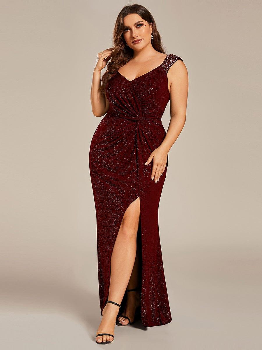 ever NOIRE|Sequin Shoulder Strap Twist High Slit Prom Dress