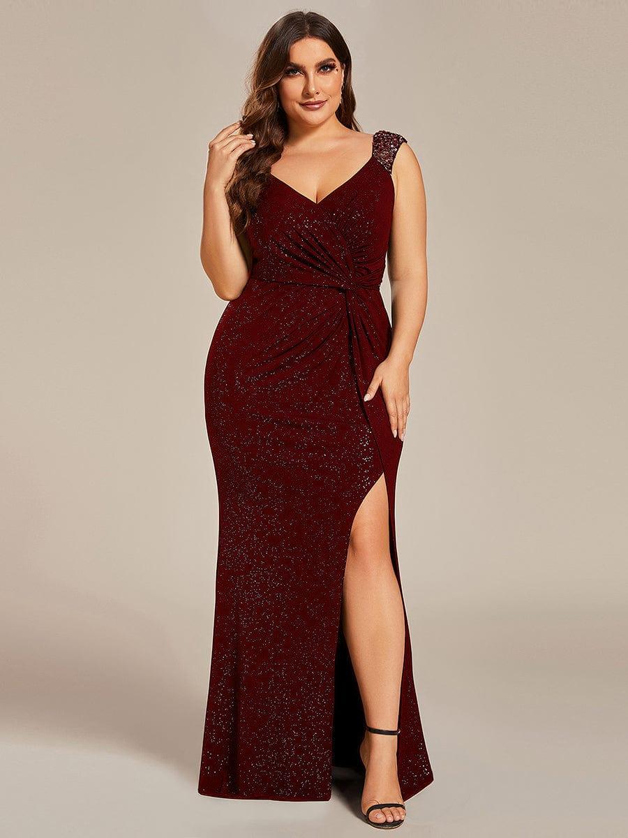 pretty NOIRE|Plus Size Glitter V-Neck High Slit Sequin Shoulder Strap Evening Dress