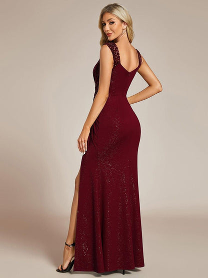 ever NOIRE|Glitter V-Neck High Slit Sequin Shoulder Strap Evening Dress