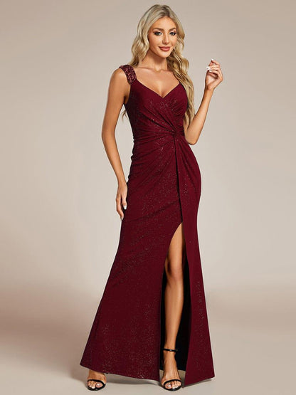ever NOIRE|Glitter V-Neck High Slit Sequin Shoulder Strap Wedding Guest Dress