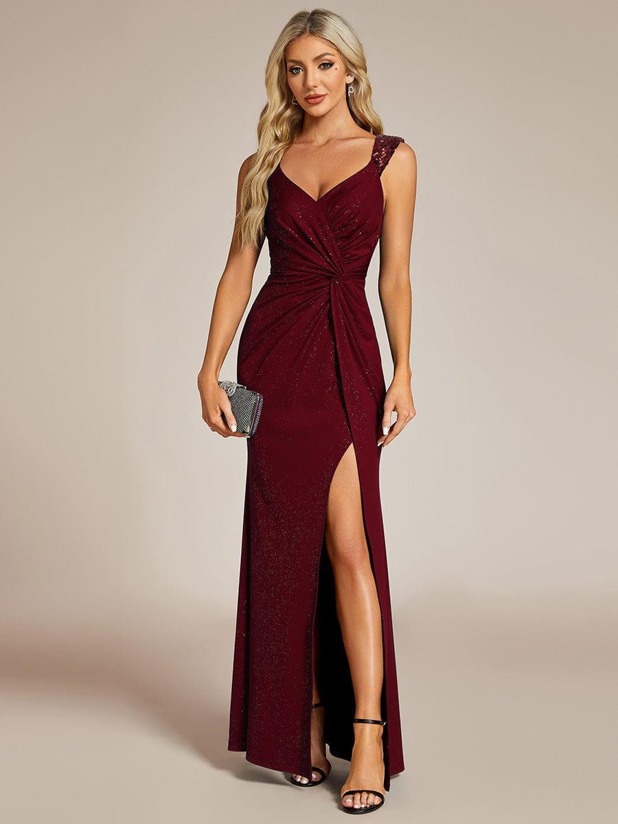 ever NOIRE|Glitter V-Neck High Slit Sequin Shoulder Strap Wedding Guest Dress