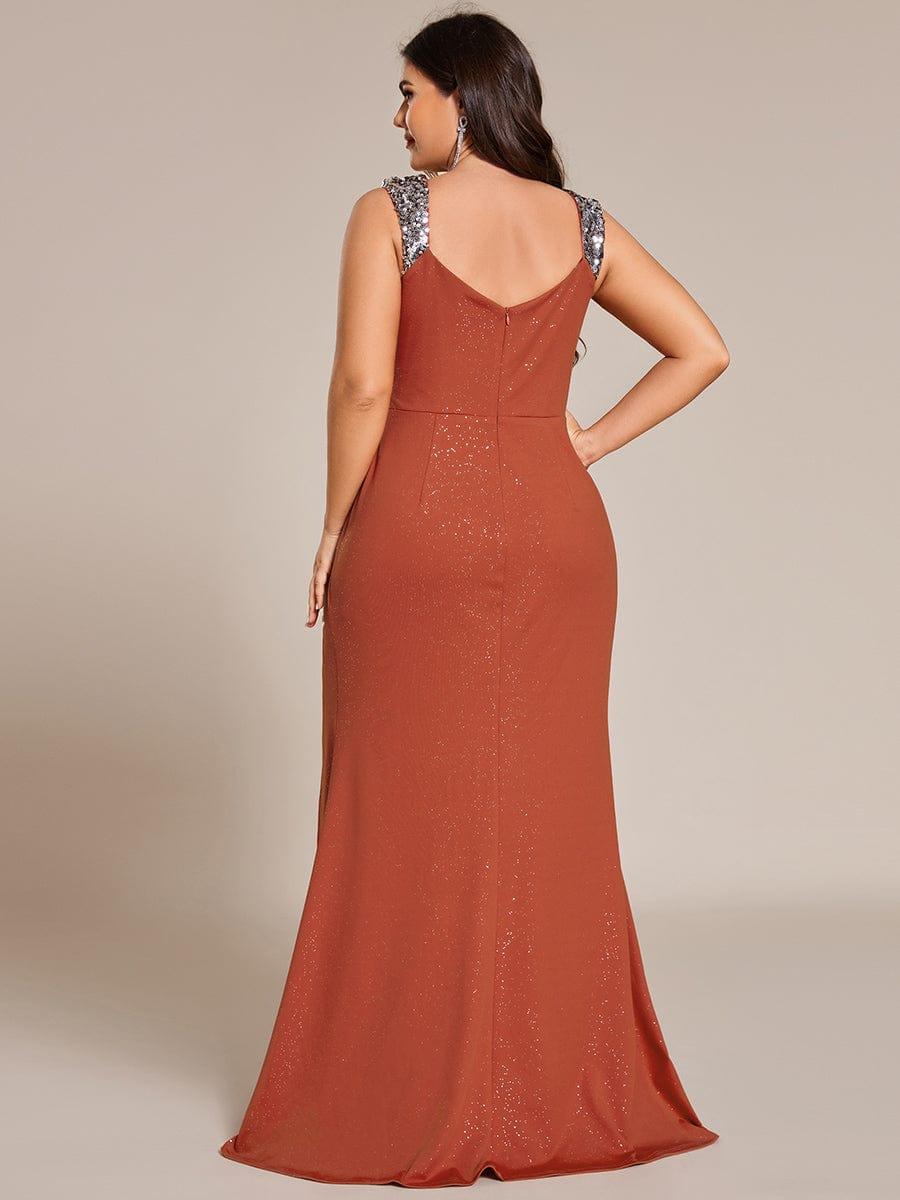 pretty NOIRE|Plus Size Glitter V-Neck High Slit Sequin Shoulder Strap Evening Dress