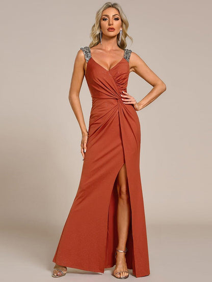 ever NOIRE|Glitter V-Neck High Slit Sequin Shoulder Strap Evening Dress