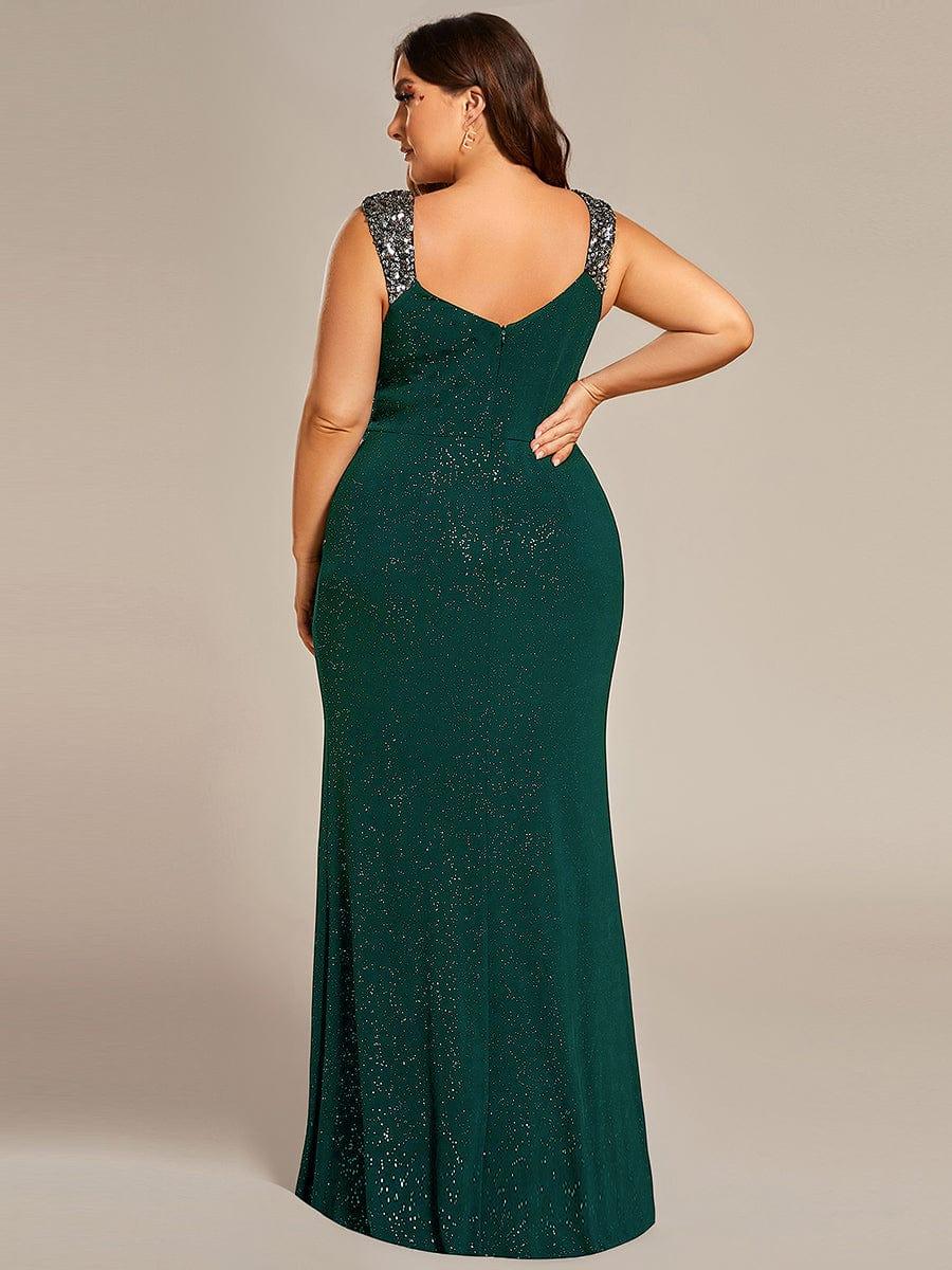 ever NOIRE|Glitter V-Neck High Slit Sequin Shoulder Strap Evening Dress