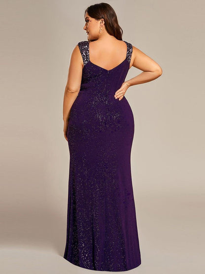 ever NOIRE|Glitter V-Neck High Slit Sequin Shoulder Strap Evening Dress
