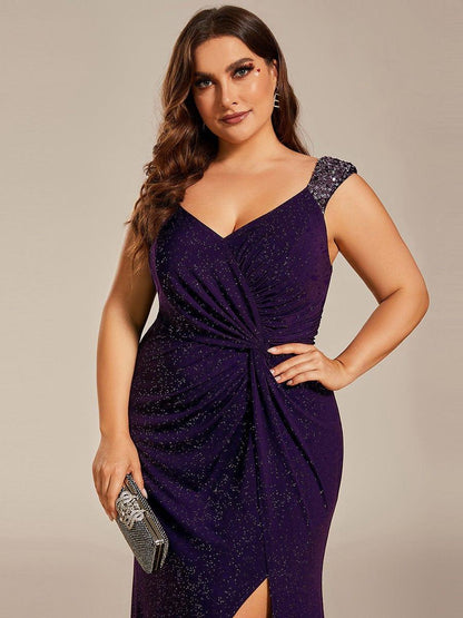 ever NOIRE|Glitter V-Neck High Slit Sequin Shoulder Strap Wedding Guest Dress