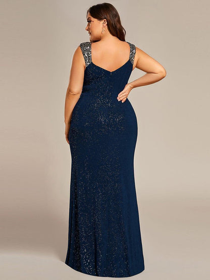 ever NOIRE|Glitter V-Neck High Slit Sequin Shoulder Strap Wedding Guest Dress