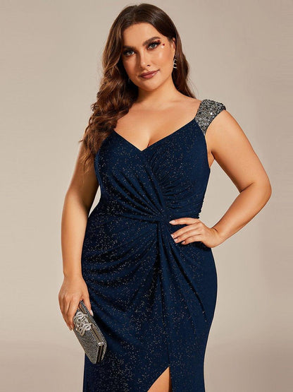 pretty NOIRE|Plus Size Glitter V-Neck High Slit Sequin Shoulder Strap Evening Dress