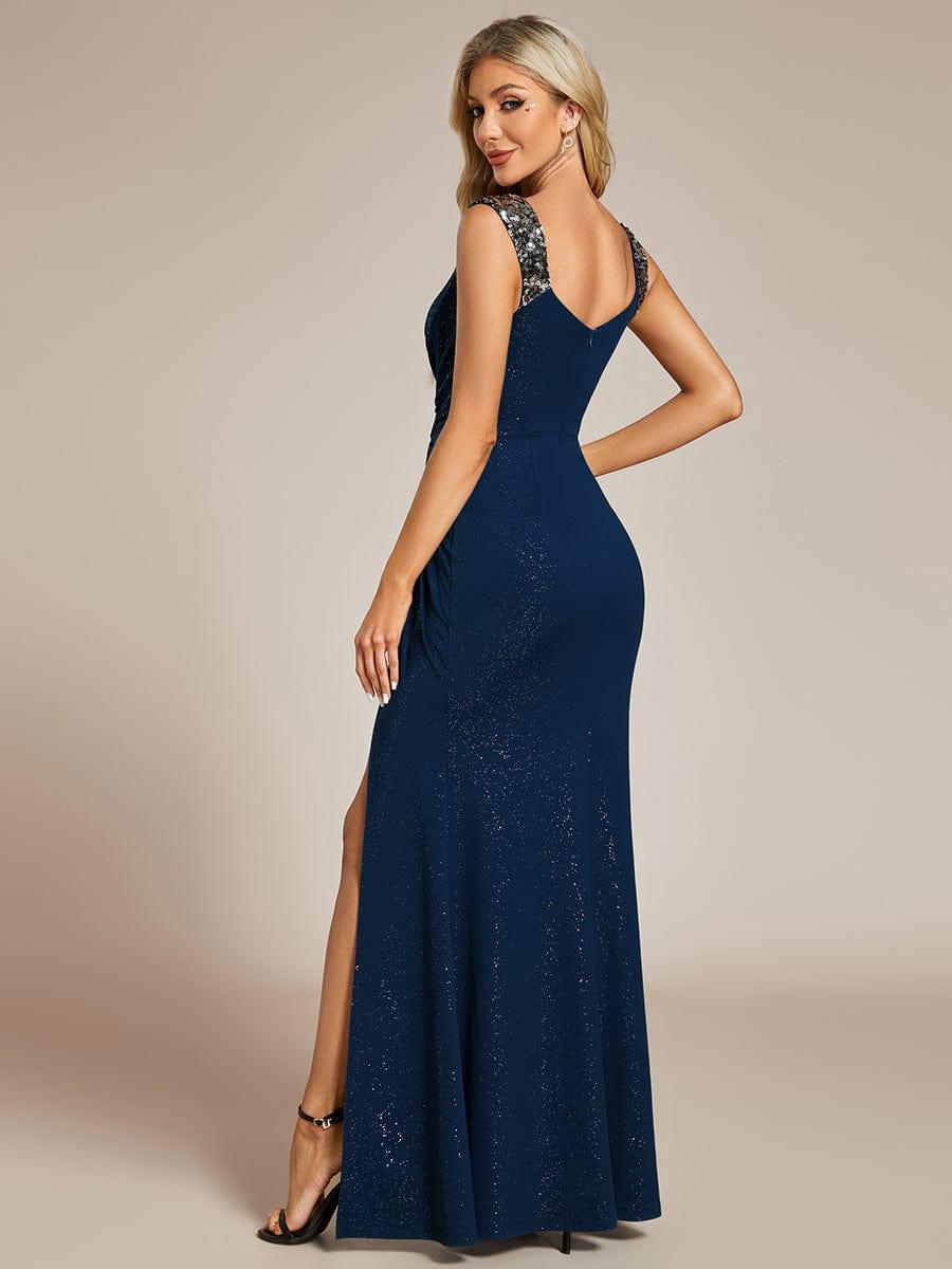 ever NOIRE|Glitter V-Neck High Slit Sequin Shoulder Strap Wedding Guest Dress