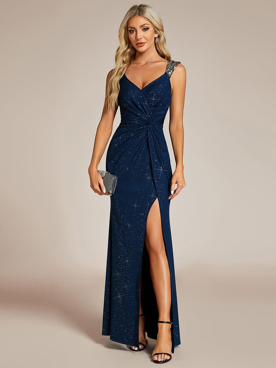 ever NOIRE|Glitter V-Neck High Slit Sequin Shoulder Strap Evening Dress