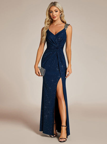 ever NOIRE|Glitter V-Neck High Slit Sequin Shoulder Strap Evening Dress
