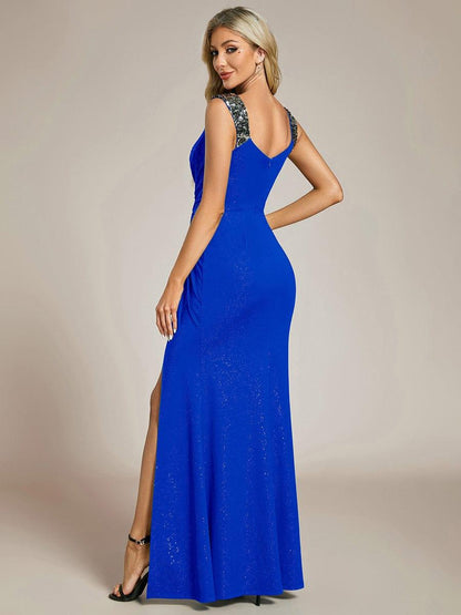 ever NOIRE|Glitter V-Neck High Slit Sequin Shoulder Strap Evening Dress