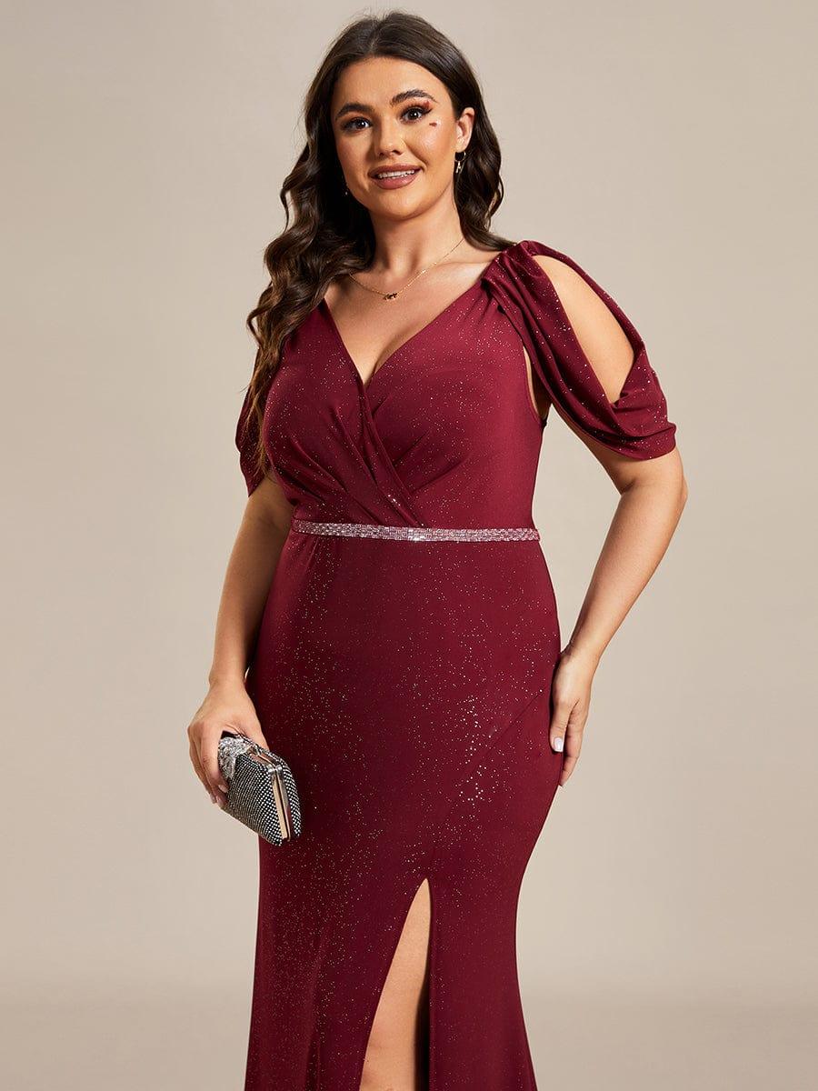 Plus Size Sparkly Glitter Cold Shoulder Shiny Belt Backless Evening Dress