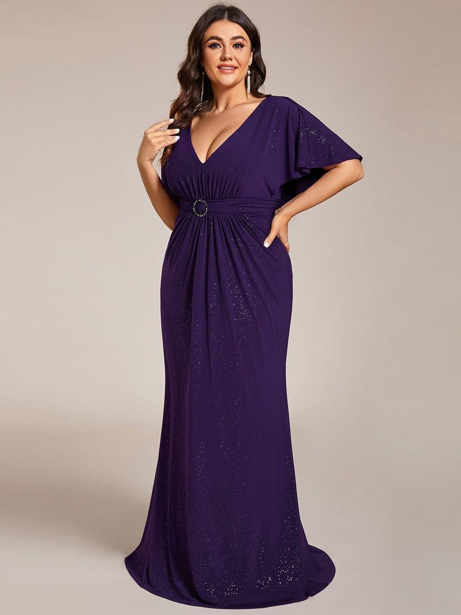 ever LUXE|Sparkling V Neck Ruffled Batwing Sleeve Mother of the Bride Dress