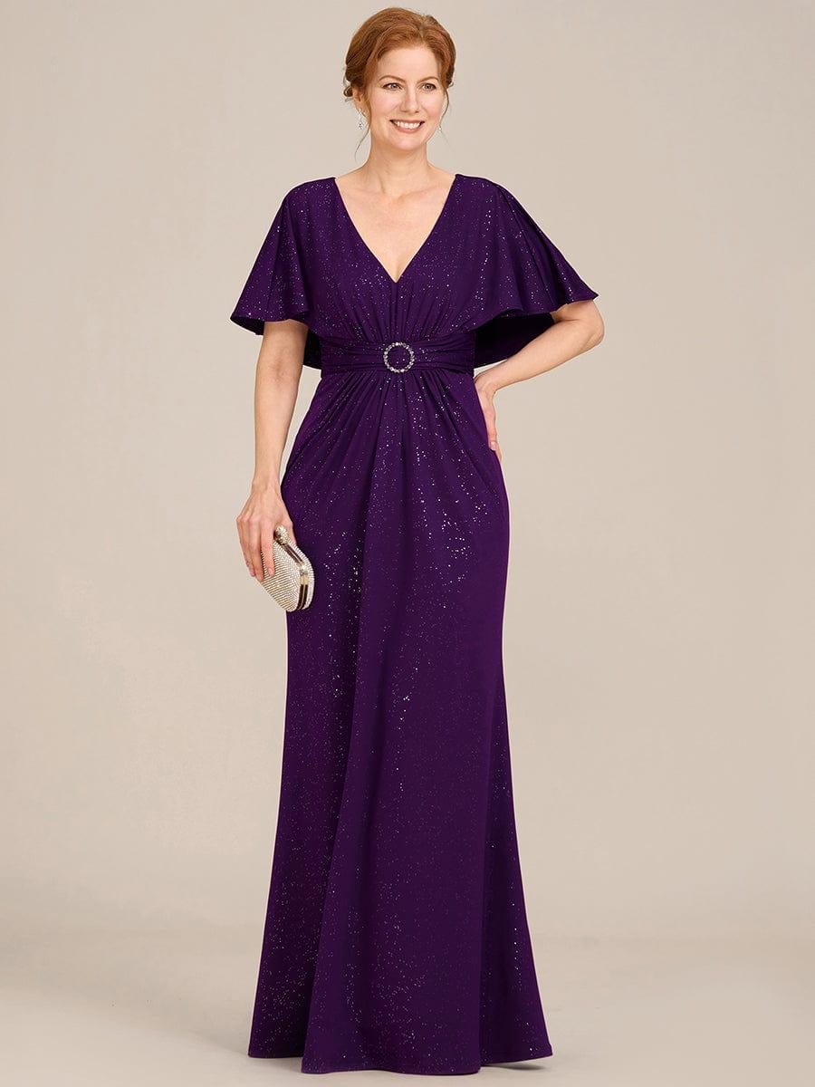 ever LUXE|Sparkling V Neck Ruffled Batwing Sleeve Mother of the Bride Dress
