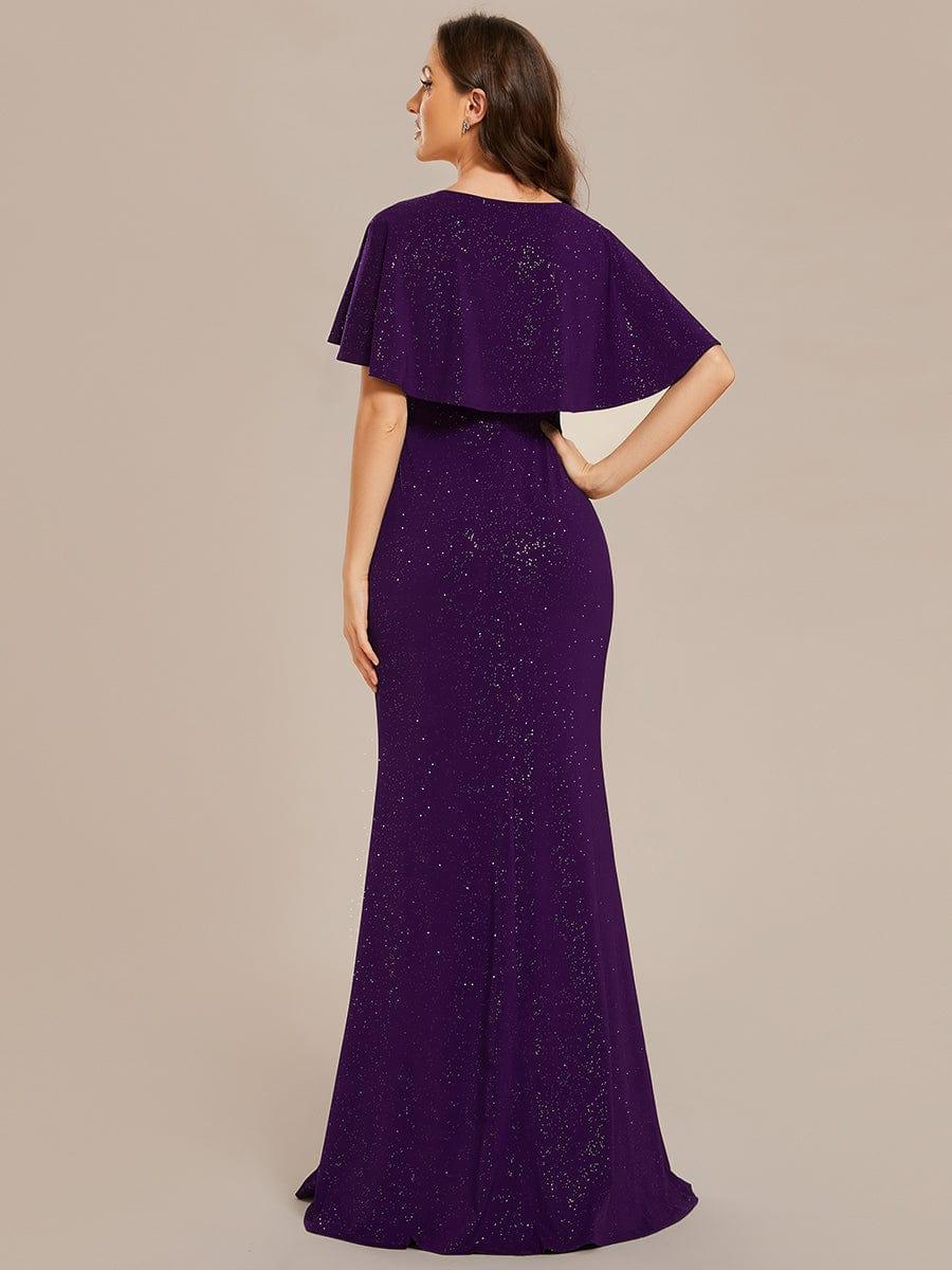 ever LUXE|Glittery V-Neck Pleated Bat-Wing Sleeve Bodycon Waist-Cinching Evening Dress