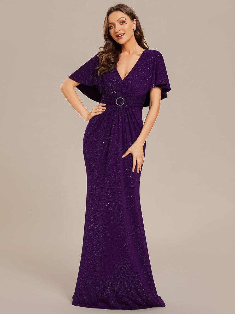 ever LUXE|Glittery V-Neck Pleated Bat-Wing Sleeve Bodycon Waist-Cinching Evening Dress