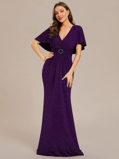 ever LUXE|Glittery V-Neck Pleated Bat-Wing Sleeve Bodycon Waist-Cinching Evening Dress