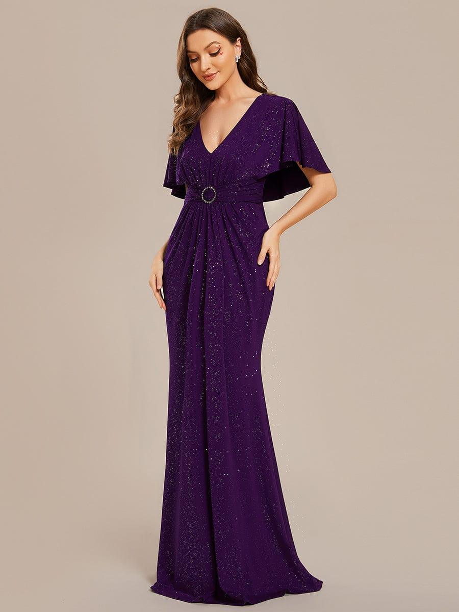ever LUXE|Glittery V-Neck Pleated Bat-Wing Sleeve Bodycon Waist-Cinching Evening Dress