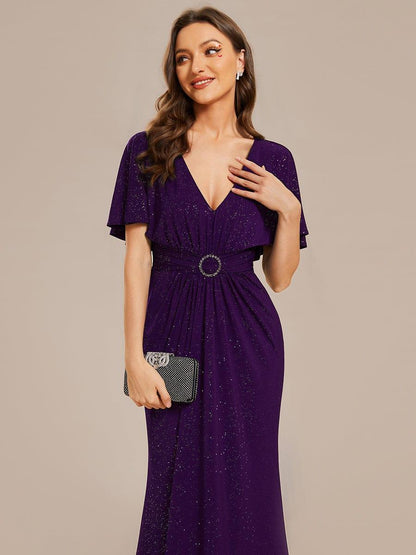 ever LUXE|Glittery V-Neck Pleated Bat-Wing Sleeve Bodycon Waist-Cinching Evening Dress