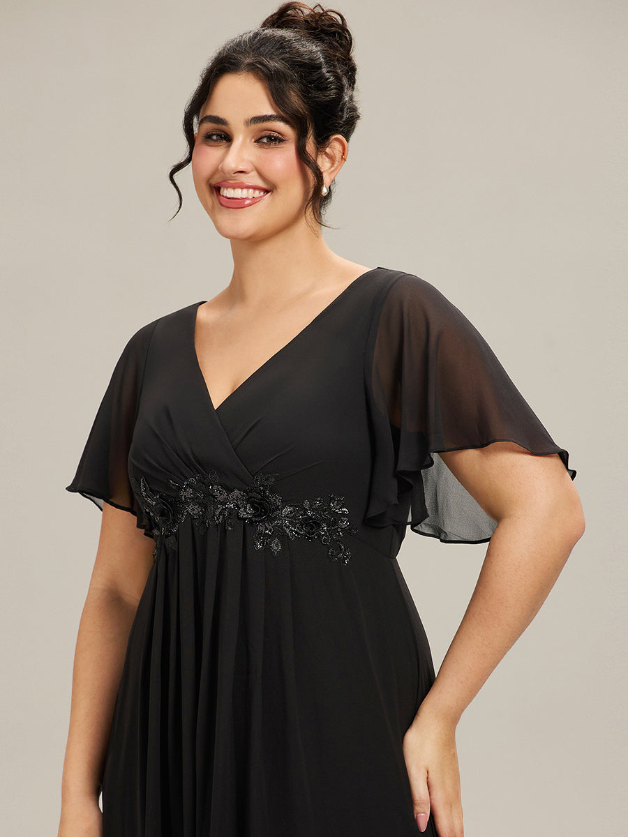 pretty IVYROSE|Plus Size Floral Applique Short Sleeve A-Line Chiffon Formal Evening Dress