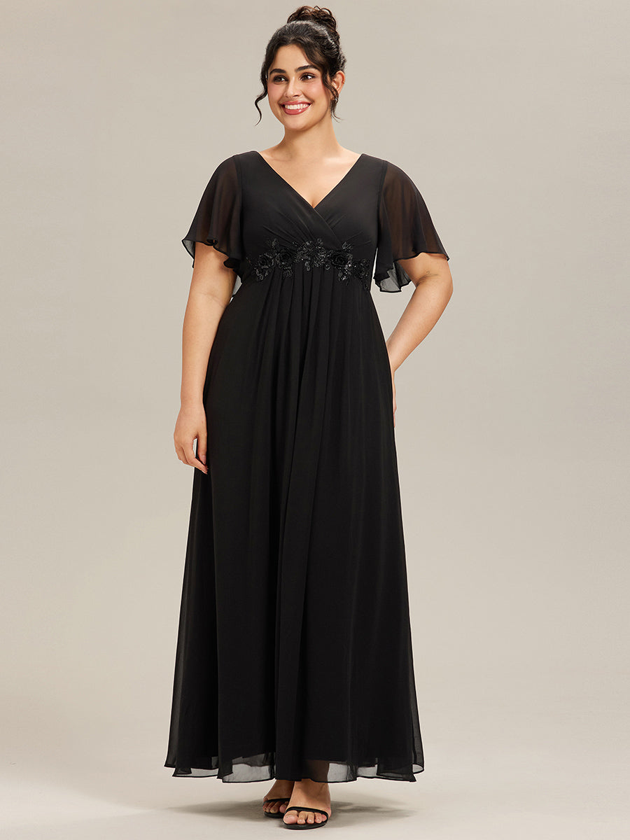 pretty IVYROSE|Plus Size Floral Applique Short Sleeve A-Line Chiffon Formal Evening Dress