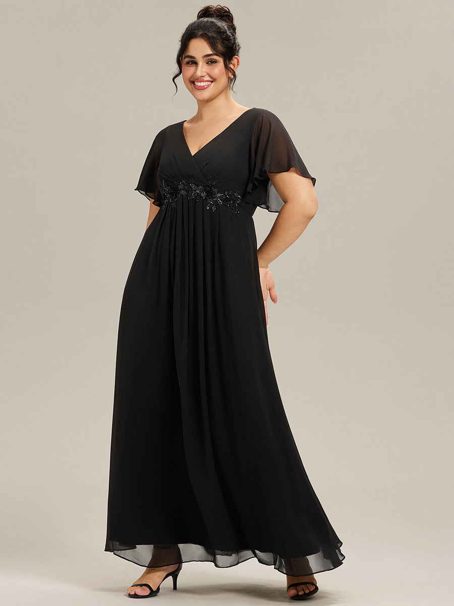 pretty IVYROSE|Plus Size Floral Applique Short Sleeve A-Line Chiffon Formal Evening Dress