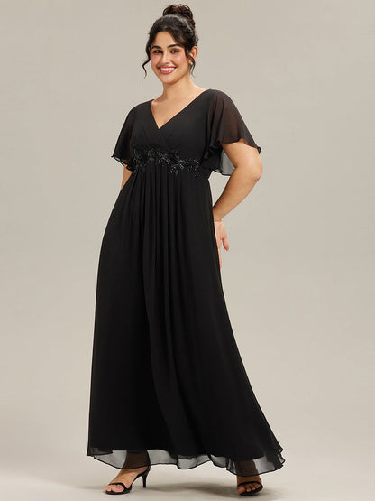 pretty IVYROSE|Plus Size Floral Applique Short Sleeve A-Line Chiffon Formal Evening Dress