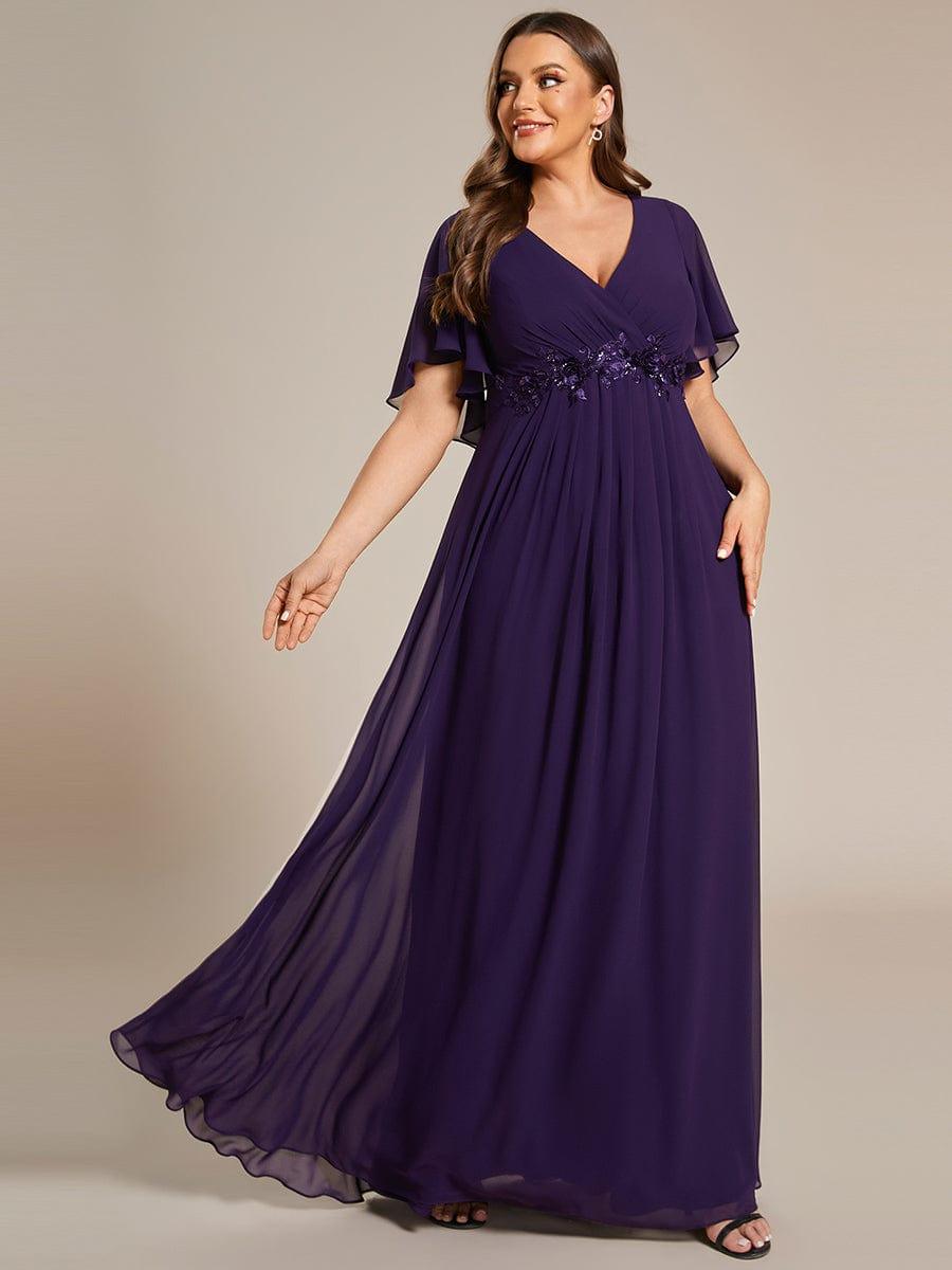 pretty IVYROSE|Plus Size Floral Applique Short Sleeve A-Line Chiffon Formal Evening Dress