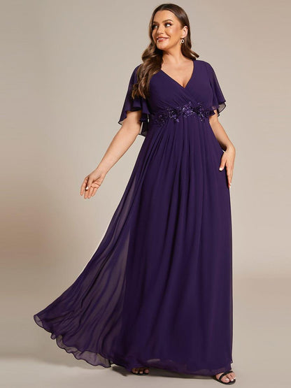pretty IVYROSE|Plus Size Floral Applique Short Sleeve A-Line Chiffon Formal Evening Dress
