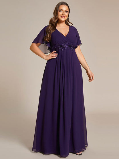 pretty IVYROSE|Plus Size Floral Applique Short Sleeve A-Line Chiffon Formal Evening Dress