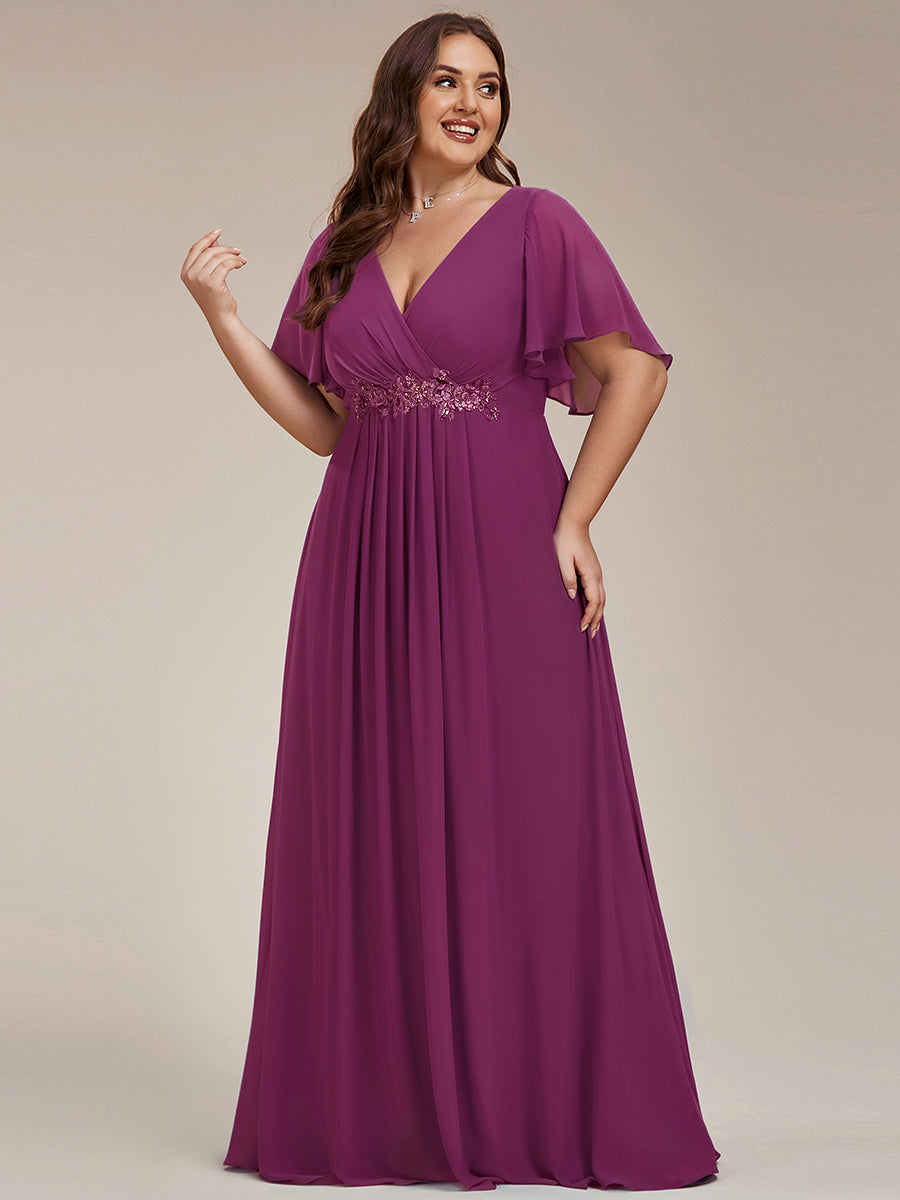 pretty IVYROSE|Plus Size Floral Applique Short Sleeve A-Line Chiffon Formal Evening Dress
