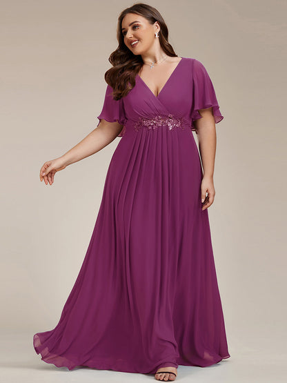 pretty IVYROSE|Plus Size Floral Applique Short Sleeve A-Line Chiffon Formal Evening Dress