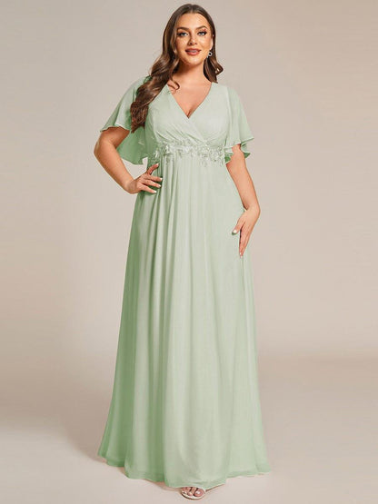 pretty IVYROSE|Plus Size Floral Applique Short Sleeve A-Line Chiffon Formal Evening Dress