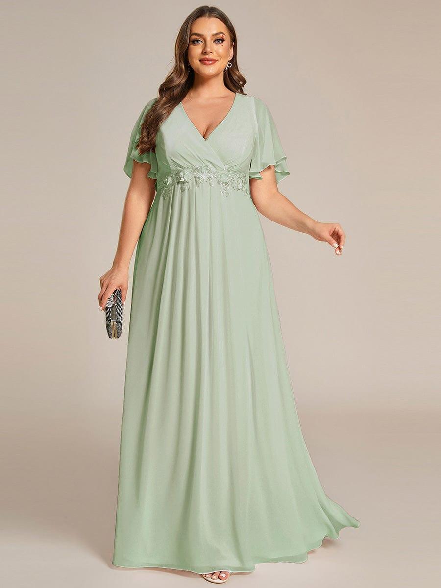 pretty IVYROSE|Plus Size Floral Applique Short Sleeve A-Line Chiffon Formal Evening Dress