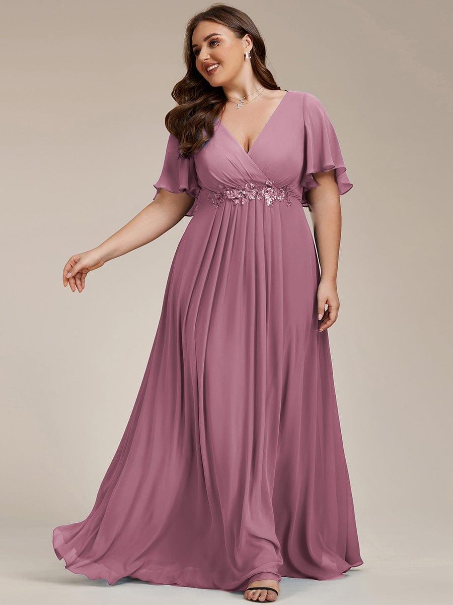 pretty IVYROSE|Plus Size Floral Applique Short Sleeve A-Line Chiffon Formal Evening Dress