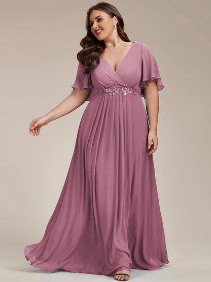 pretty IVYROSE|Plus Size Floral Applique Short Sleeve A-Line Chiffon Formal Evening Dress