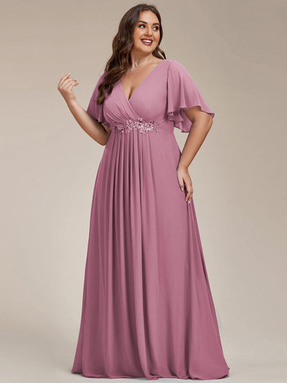 pretty IVYROSE|Plus Size Floral Applique Short Sleeve A-Line Chiffon Formal Evening Dress