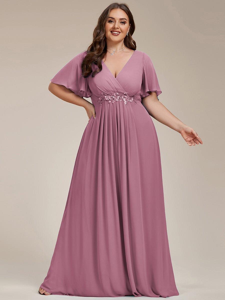 pretty IVYROSE|Plus Size Floral Applique Short Sleeve A-Line Chiffon Formal Evening Dress