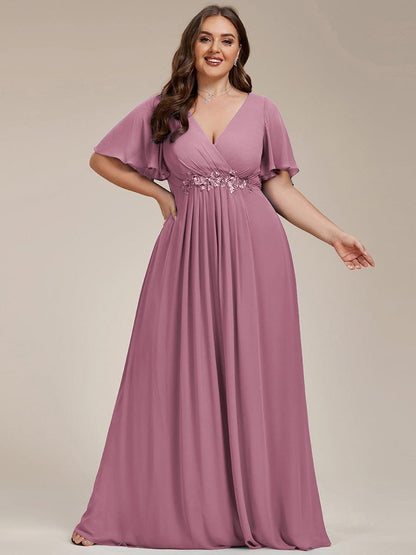 pretty IVYROSE|Plus Size Floral Applique Short Sleeve A-Line Chiffon Formal Evening Dress